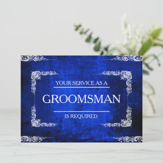 Uw service wordt aangevraagd als Groomsman Blue Je Kaart (Staand voorkant)