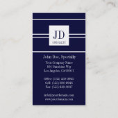 Uw specialiteit donkerblauw/witte stripte hanger visitekaartje (Achterkant)