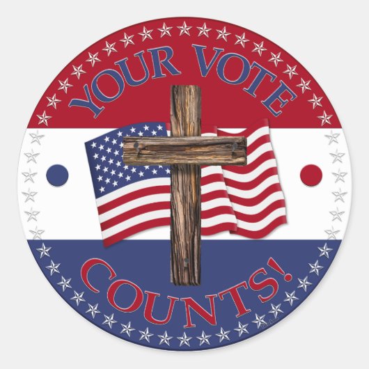 Uw stem telt met kruis en Amerikaanse vlag Ronde Sticker (Voorkant)