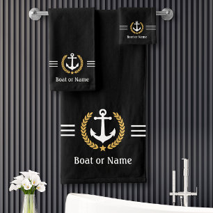 Uw tas of naam Anchor Gold Laurel Stripes Black Bad Handdoek