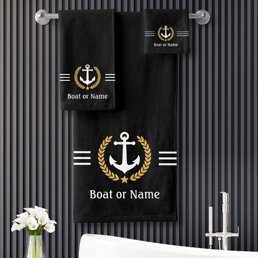 Uw tas of naam Anchor Gold Laurel Stripes Black Bad Handdoek