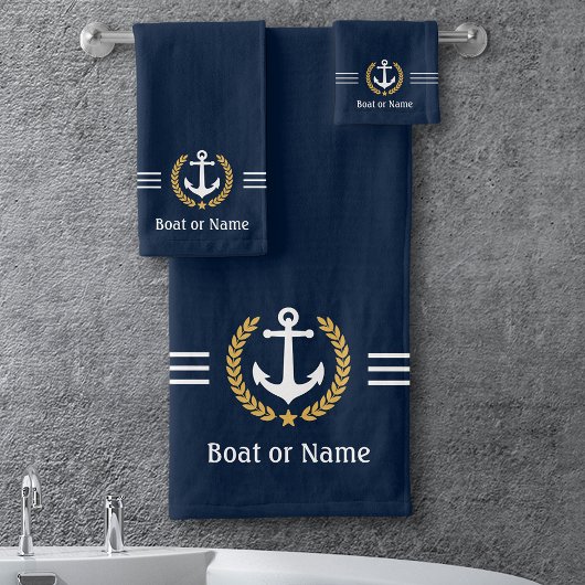Uw tas of naam Anchor Gold Laurel Stripes Blue Bad Handdoek