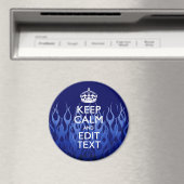 Uw tekst voor Keep Calm op blauwe racevlammen Magneet (Insitu (Vaatwasser))