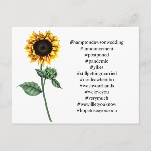 Uw Top 12 Hashtags Zonnebloem Uitgesteld Trouwen Briefkaart (Voorkant)