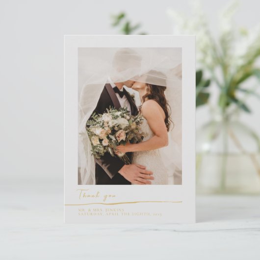 Uw trouwfoto gouden script dank u kaart (Staand voorkant)