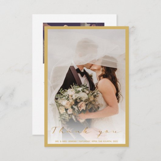 Uw trouwfoto, gouden script en grensdank bedankkaart (Voorkant / Achterkant)