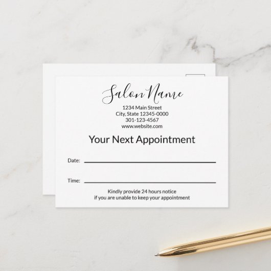 Uw volgende benoeming: Beauty Salon Black en White Briefkaart (Voorkant / Achterkant in situ)