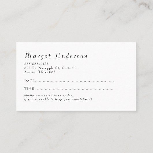 Uw volgende benoeming | Verfijnde minima | Afsprakenkaartje (Achterkant)