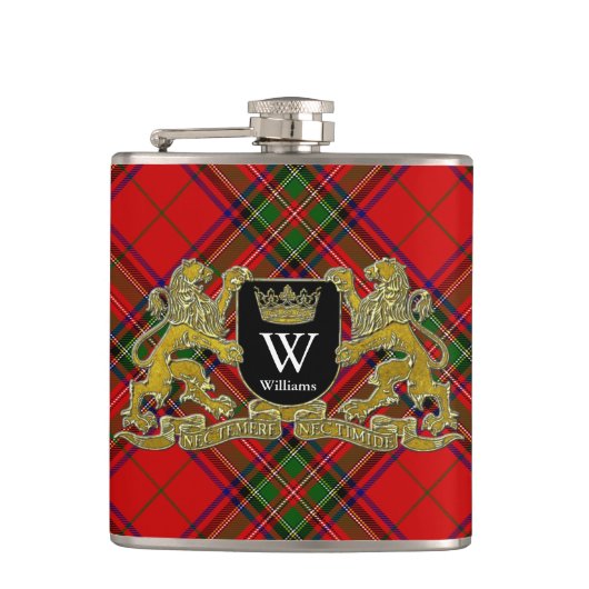 Uw wapenschild Monogram en Tartan Heupfles (Voorkant)