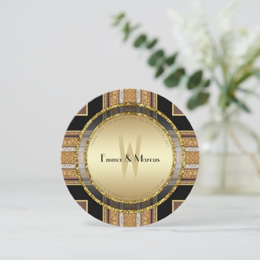 V1 Art Deco Gold Glitter Round Weddenation Kaart (Staand voorkant)