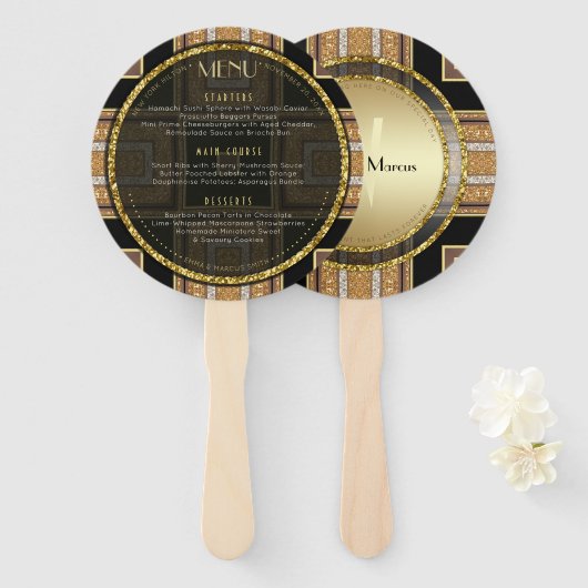 V1 Art Deco Gold Round Wedding Menu Kaart Handwaaier (Voorkant en achterkant)
