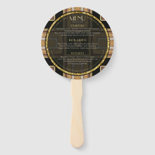 V1 Art Deco Gold Round Wedding Menu Kaart Handwaaier (Voorkant)