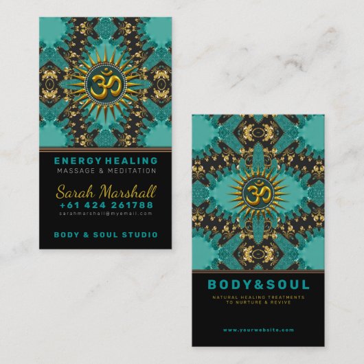 V2 Blauwgroen Gold Eastern Sparkle OM Yoga Visitek Visitekaartje (Voorkant / Achterkant)