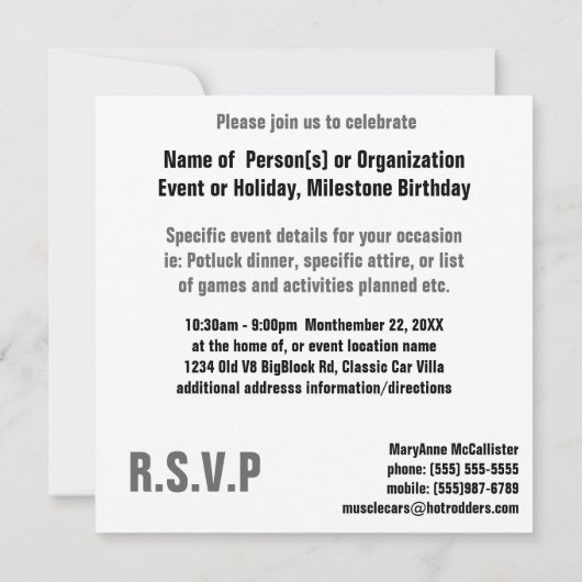 V8 Chrome Black en Grey Masculine Party Kaart (Achterkant)