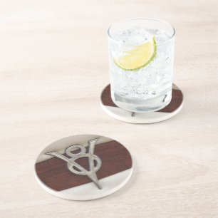 V8 Chrome Embleem leder en hout Zandsteen Onderzetter
