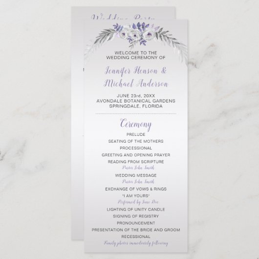 V#2 Paarse Grijs Zilver Bloemen bruiloft programma Programmakaart (Voorkant / Achterkant)