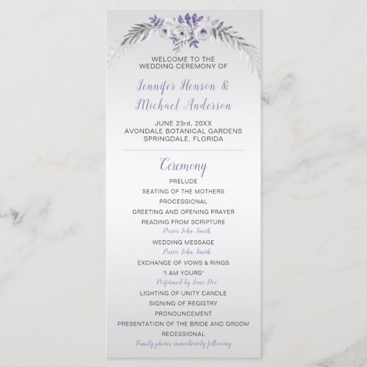 V#2 Paarse Grijs Zilver Bloemen bruiloft programma Programmakaart (Voorkant)