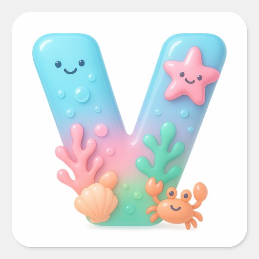 "V" Cute Letter - Underwater Sea Creature  Vierkante Sticker (Voorkant)