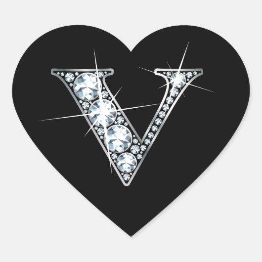 "V" Diamond Bling on Black Heart Sticker (Voorkant)