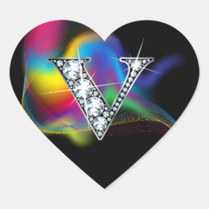 "V" Diamond Bling on Rainbow Swirl Heart Sticker