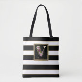 V Gold Floral Monogram | Zwarte witte gouden strep Tote Bag (Voorkant)