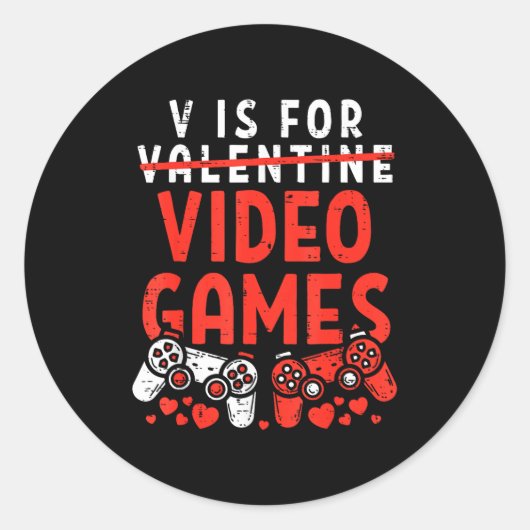 V Is For Video Games Funny Valentines Gamer Boy Me Ronde Sticker (Voorkant)
