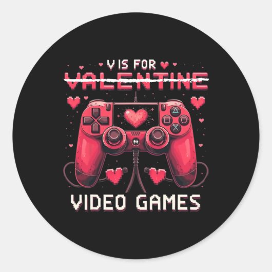 V Is For Video Games Valentine Gamer Valentines Da Ronde Sticker (Voorkant)