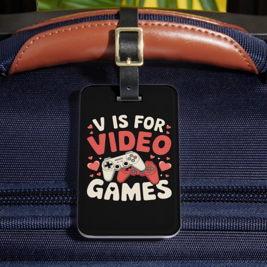 V is voor videogames Funny Valentijnsdag Gamer Bagagelabel (Voorkant Insitu 2)