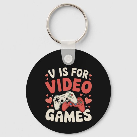 V is voor videogames Funny Valentijnsdag Gamer Sleutelhanger (Voorkant)