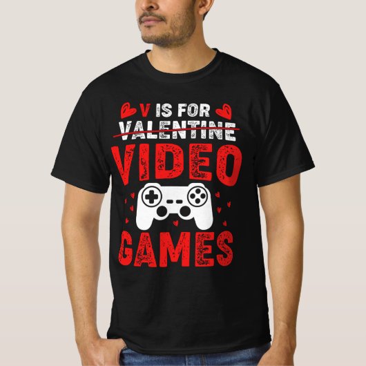 V is voor videogames Funny Valentijnsdag Gamer T-shirt (Voorkant)