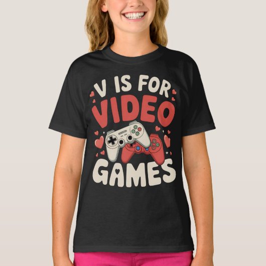 V is voor videogames Funny Valentijnsdag Gamer T-shirt (Voorkant)