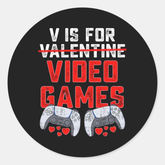 V is voor videogames Valentijnsdag Fun Boys Kinder Ronde Sticker (Voorkant)