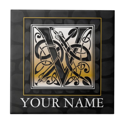V "Jouw naam" Celtic Black Stone Monogram Tegel Tegeltje (Voorkant)