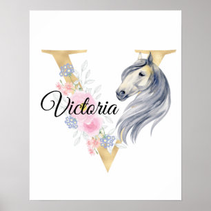 V letter gepersonaliseerde naam monogram met paard poster
