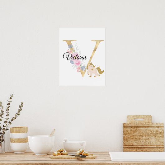 V letter gepersonaliseerde naam monogram met pony poster (Keuken)