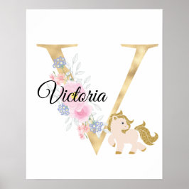 V letter gepersonaliseerde naam monogram met pony poster