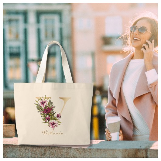 V Letter Gold Monogram Marsala White Florals Grote Tote Bag