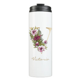 V Letter Gold Monogram Marsala White Florals Thermosbeker