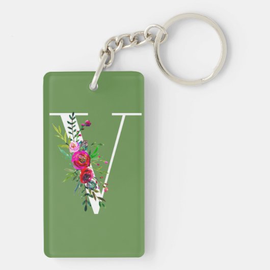V Letter Initiaal Monogram Bloemen Aangepaste Kleu Sleutelhanger (achterkant)