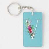 V Letter Initiaal Monogram Bloemen Aangepaste Kleu Sleutelhanger (Voorkant)