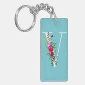 V Letter Initiële Monogram Bloem Aangepaste Kleur Sleutelhanger (Voorkant Links)