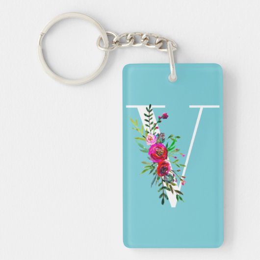 V Letter Initiële Monogram Bloem Aangepaste Kleur Sleutelhanger (Voorkant)