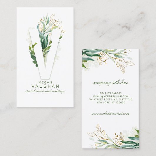V Letter Monogram Gold Greenery Leaves Elegant Visitekaartje (Voorkant / Achterkant)