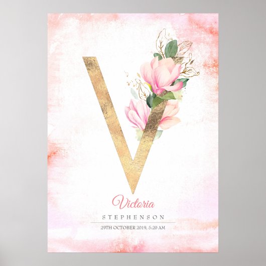 V Letter Monogram Gold Leaves Pink Magnolia Floral Poster (Voorkant)