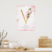 V Letter Monogram Gold Leaves Pink Magnolia Floral Poster (Keuken)