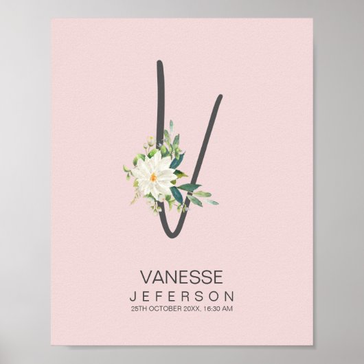 V Letter Monogram Roze Bloemendecor Poster (Voorkant)