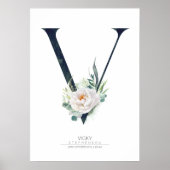V Letter Monogram White Flowers and Greenery Poster (Voorkant)