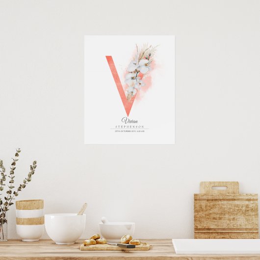 V Letter Monogram White Orchids and Pampas Grass Poster (Keuken)
