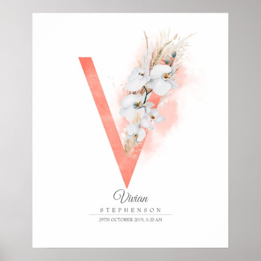 V Letter Monogram White Orchids and Pampas Grass Poster (Voorkant)
