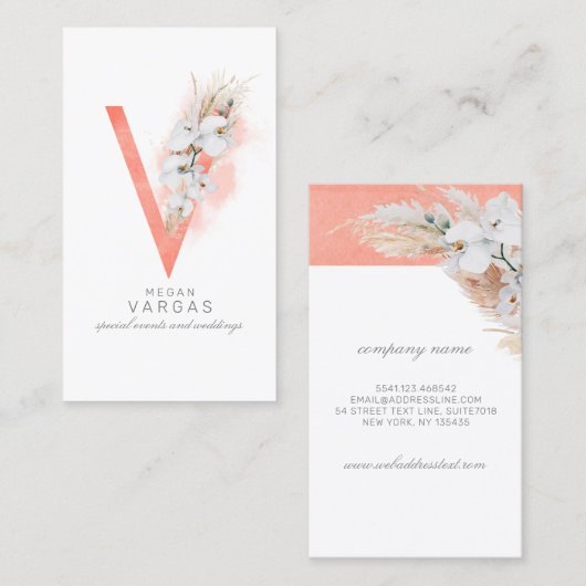 V Letter Monogram White Orchids and Pampas Grass Visitekaartje (Voorkant / Achterkant)